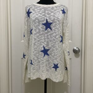 Mia &‎ Tess Sweater Semi Sheer Star Print White Blue Lightweight Women's Large L